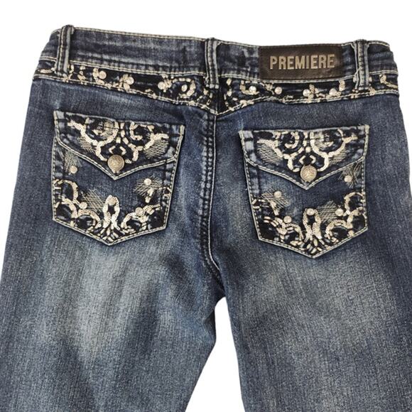 Bling Bootcut Jeans 5/6 28 Abrasion Faded Y2k Embroidered Sequins Low Rise - Picture 5 of 12